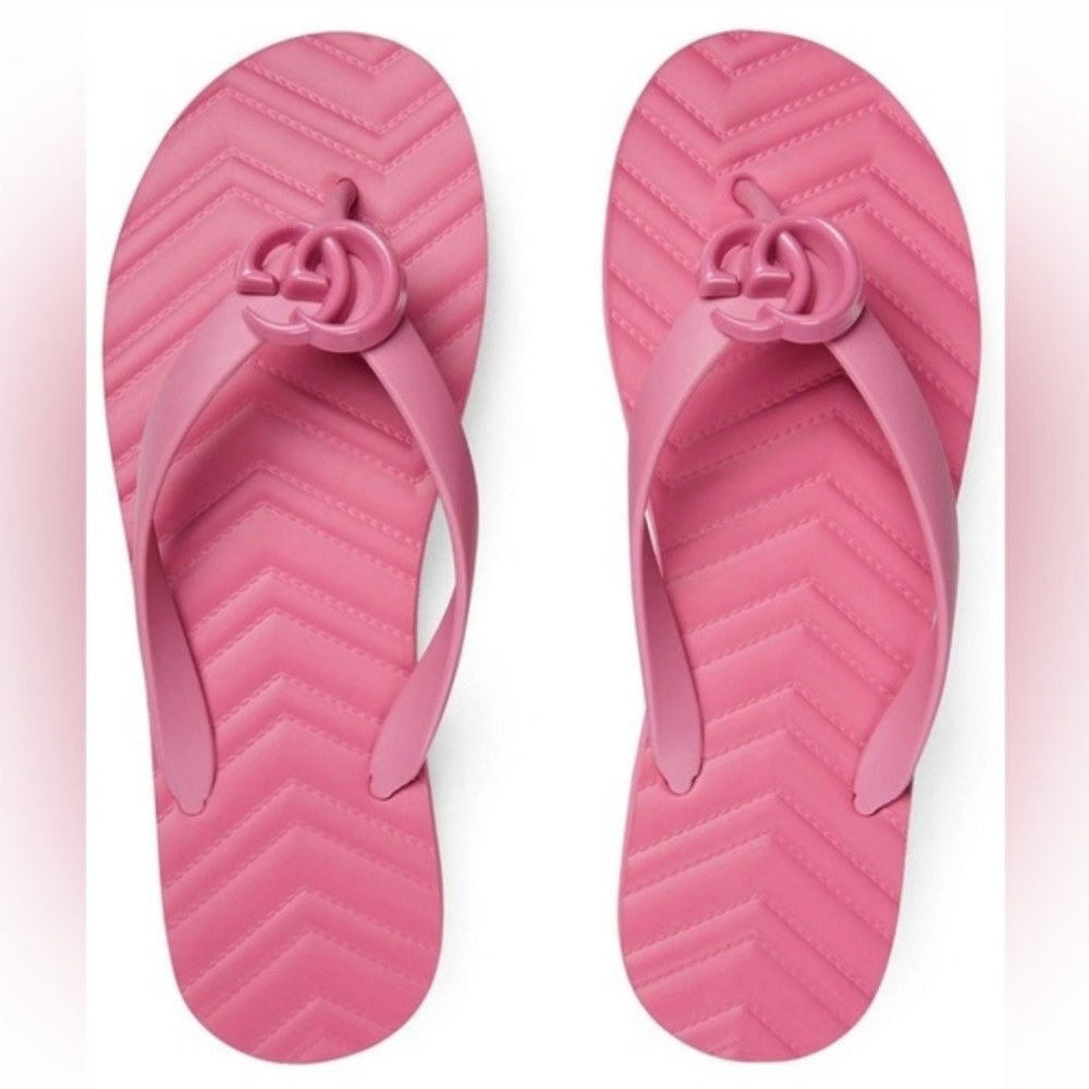 Gucci GG Chevron Marmont Pink Flip Flops Thong Sandals 35